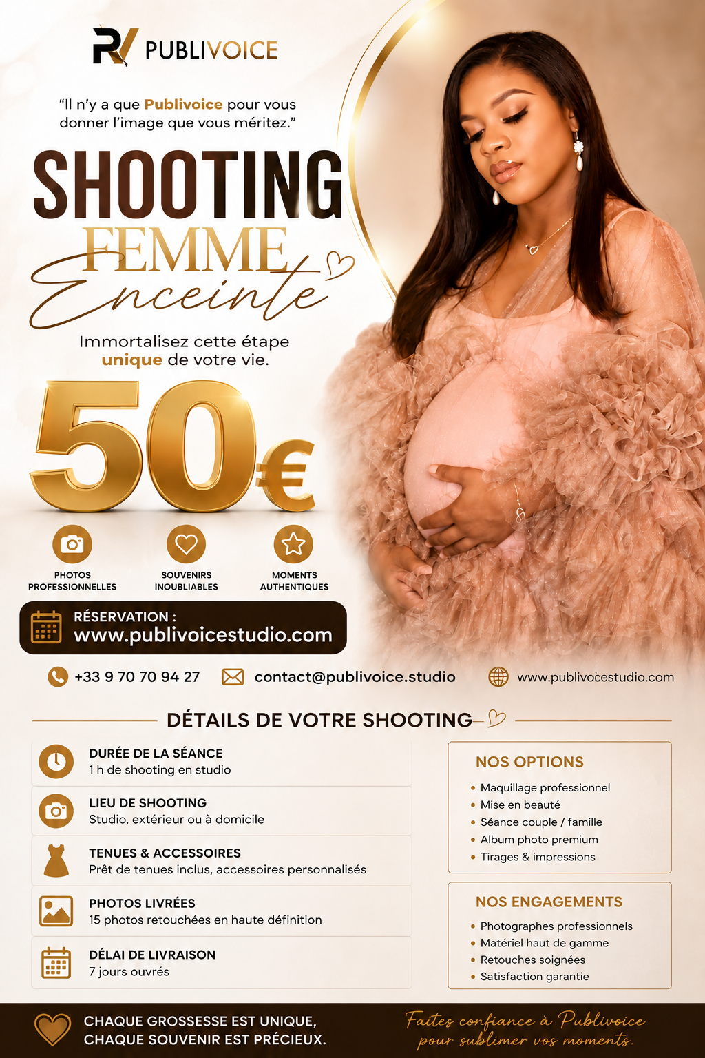 Shooting femme enceinte Publivoice : 1 heure en studio, 15 photos retouchées HD, 50 euros